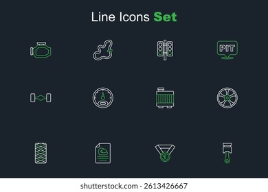 Set line Engine piston, Medal, Racing helmet, Car tire wheel, Alloy for car, radiator cooling system, Speedometer and Chassis icon. Vector