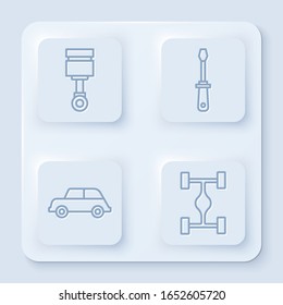 Set line Engine piston, Screwdriver, Car and Chassis car. White square button. Vector