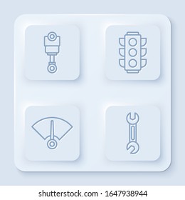 Set line Engine piston, Traffic light, Speedometer and Wrench. White square button. Vector