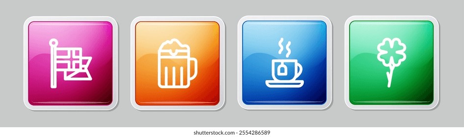 Set line England flag on flagpole, Wooden beer mug, Cup of tea with tea bag and Four leaf clover. Colorful square button. Vector