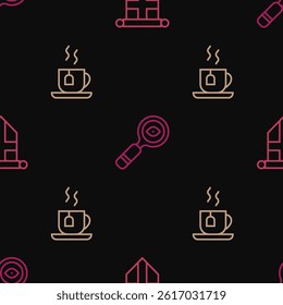 Set line England flag on pennant, Cup of tea with tea bag and Magnifying glass on seamless pattern. Vector