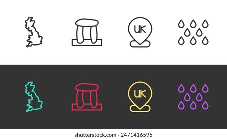 Fijar línea Inglaterra mapa, Stonehenge, Locación y gota de agua en blanco y negro. Vector