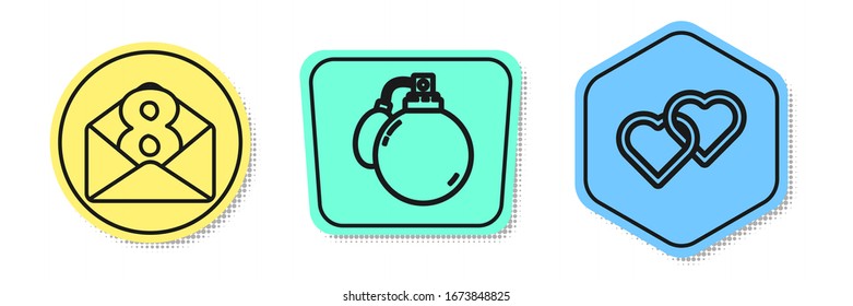 Set line Envelope with 8 March, Perfume and Two Linked Hearts. Colored shapes. Vector