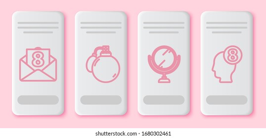 Ajuste la línea Envelope con 8 de marzo, Perfume, espejo de maquillaje redondo y 8 de marzo en cabeza humana. Botón rectángulo blanco. Vector
