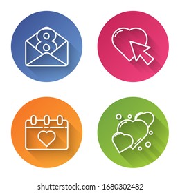 Set line Envelope with 8 March, Heart and cursor click, Calendar with 8 March and Heart. Color circle button. Vector