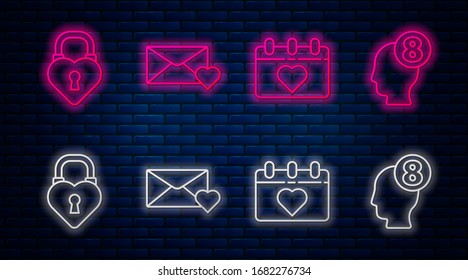 Set line Envelope with 8 March, Calendar with 8 March, Castle in the shape of a heart and 8 March in human head. Glowing neon icon on brick wall. Vector