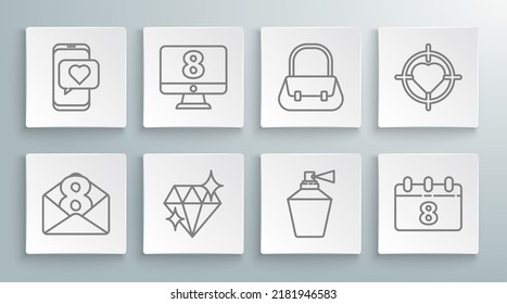 Set line Envelope with 8 March, on monitore, Diamond, Perfume, Calendar, Handbag, Heart in the center of target aim and Online dating app chat icon. Vector
