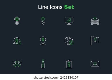 Set line Envelope with 8 March, Greeting card, Champagne bottle, Gift bow, Feminist activist, International Women Day,  and speech bubble icon. Vector