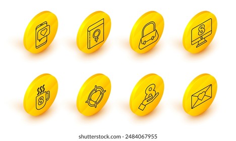 Set line Sobre con 8 de marzo, a mano, Corazón en el centro de la puntería objetivo, Taza de café, monitor, Bolso, Libro sobre las mujeres y App de citas en línea icono de chat. Vector
