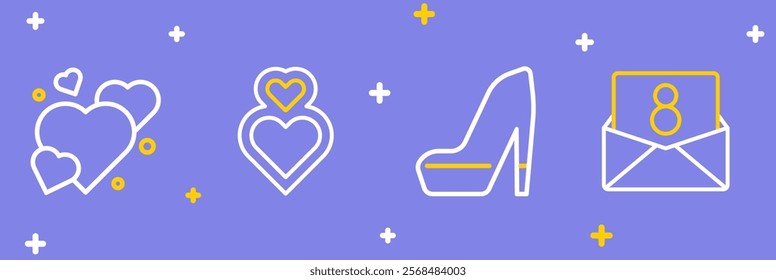 Set line Envelope with 8 March, Woman shoe, Heart and  icon. Vector