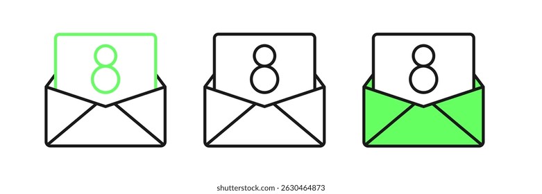 Set line Envelope with 8 March icon isolated on white background. Message love. Letter love and romance. International Happy Women Day.  Vector