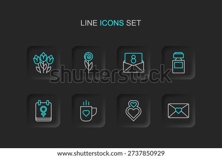 Set line Envelope with 8 March, Heart, Coffee cup and heart, Calendar, Perfume, Flower and tulip icon. Vector