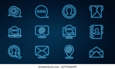Set line Umschlag, Adressbuch, Erstellen Account-Bildschirm, Mail und E-Mail, Chat-Nachrichten Benachrichtigung auf Laptop, Speech Blase Chat, Monitor und Symbol. Vektorgrafik