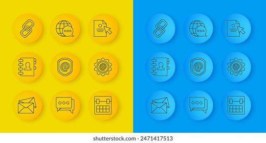 Set line Envelope, Address book, Shield with mail and e-mail, Calendar, Mail, Chain link, Document cursor and World map made from speech bubble icon. Vector