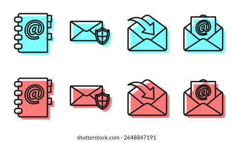Definir linha Envelope, Catálogo de endereços, Envelope com escudo e Mail e ícone de e-mail. Vetor