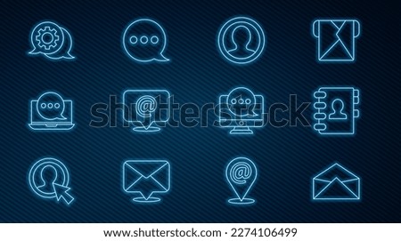 Set line Envelope, Address book, Create account screen, Mail and e-mail, Chat messages notification on laptop, Speech bubble chat, monitor and  icon. Vector