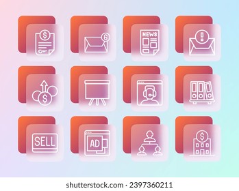 Set line Envelope, Advertising, Telephone 24 hours support, Employee hierarchy, Chalkboard, News, Contract money and Mail and e-mail icon. Vector