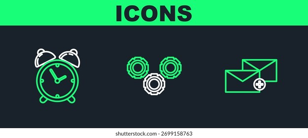 Definir linha Envelope, relógio de alarme e ícone Engrenagem. Vetor