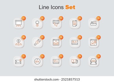 Set line Envelope, Armored truck, Sell button, Deal, Mail and e-mail, Video chat conference, Buy and Browser with stocks market icon. Vector