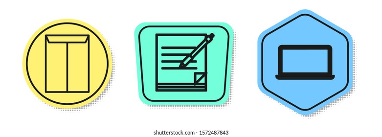 Set line Envelope, Blank notebook and pen and Laptop. Colored shapes. Vector