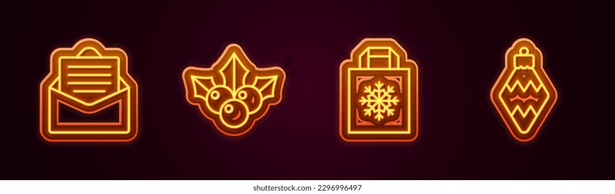 Set line Envelope, Branch viburnum, Christmas shopping bag and toy. Glowing neon icon. Vector
