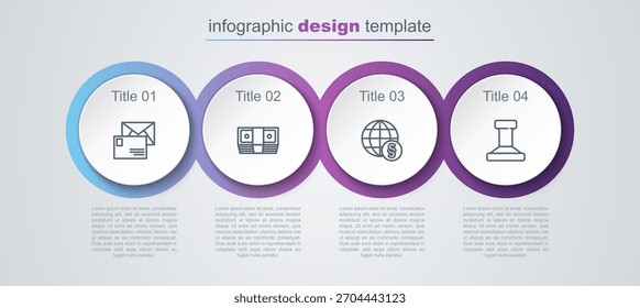 Set line Envelope, Bribe money cash, International law and Stamp. Business infographic template. Vector