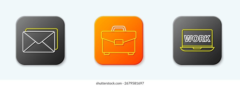 Set line Envelope, Briefcase and Laptop with text work icon. Vector