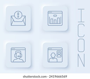Set line Envelope, Browser with stock market, Teléfono 24 horas de soporte y videoconferencia de chat. Botón cuadrado blanco. Vector