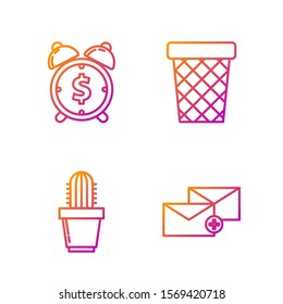 Set line Envelope, Cactus and succulent in pot, Alarm clock with dollar symbol and Trash can. Gradient color icons. Vector