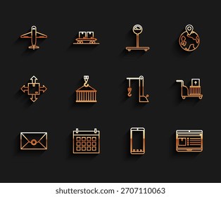 Set line Umschlag, Kalender, Flugzeug, Handy mit App-Lieferverfolgung, Laptop, Container-Kran, Elektrische Hand LKW und Boxen und Hafen-Port-Symbol. Vektorgrafik