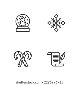 Set line Envelope, Candy cane with stripes, Christmas snow globe and Snowflake icon. Vector