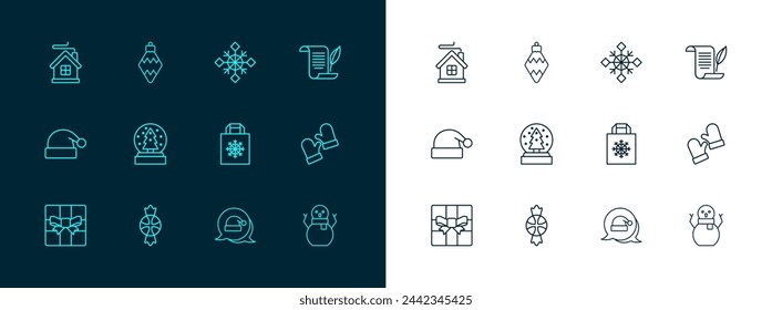 Set line Envelope, Candy, Christmas shopping bag, Santa Claus hat, snow globe, Snowflake, Merry house and toy icon. Vector