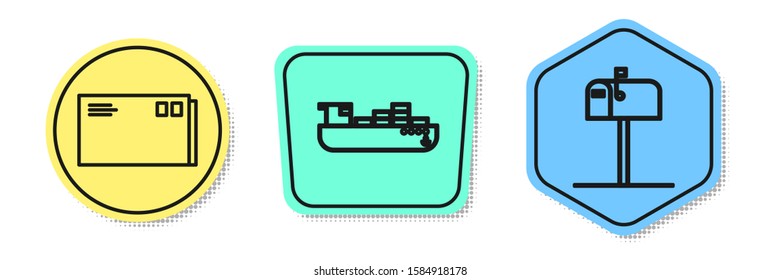 Set line Envelope , Cargo ship with boxes delivery service  and Open mail box . Colored shapes. Vector