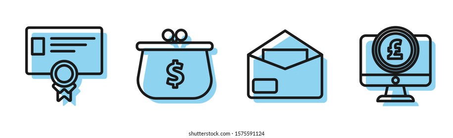 Set line Envelope, Certificate template, Wallet with with dollar symbol and Computer monitor with pound sterling symbol icon. Vector