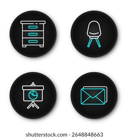 Set line Envelope, Chalkboard with diagram, Office chair and Drawer documents icon. Vector
