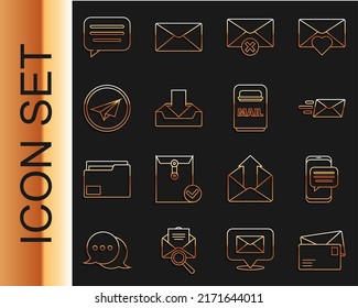 Set line Envelope, Chat messages notification on phone, Express envelope, Delete, Download inbox, Paper plane, Speech bubble chat and Mail icon. Vector