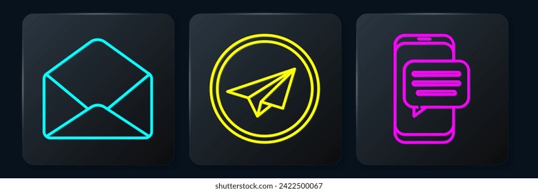 Establece el sobre de línea, notificación de mensajes de chat en el teléfono y plano de papel. Botón cuadrado negro. Vector