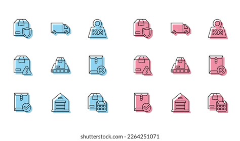 Set line Envelope and check mark, Warehouse, Delivery security with shield, Cardboard box calendar, Conveyor belt, Delete envelope,  and cargo truck icon. Vector