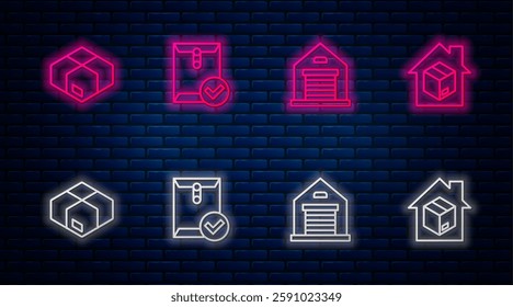 Set line Envelope and check mark, Warehouse, Carton cardboard box and Home delivery services. Glowing neon icon on brick wall. Vector