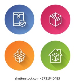 Defina a linha Envelope e marca de seleção, caixa de papelão de cartão, Unboxing e serviços de entrega ao domicílio. Botão de círculo de cor. Vetor