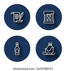 Set line Envelope, Christmas chimney, Champagne bottle and santa claus sleigh with long shadow. Blue circle button. Vector