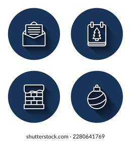 Set line Envelope, Christmas day calendar, chimney and ball with long shadow. Blue circle button. Vector