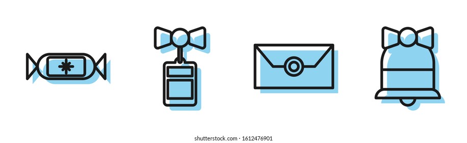 Set line Envelope with christmas party invitation card, Candy, Price tag with an inscription Sale and Merry Christmas ringing bell icon. Vector