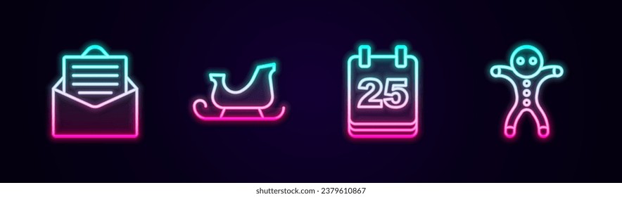 Set line Envelope, Christmas santa claus sleigh, day calendar and Holiday gingerbread man cookie. Glowing neon icon. Vector