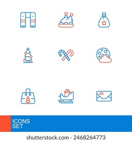 Set line Envelope, Christmas santa claus sleigh, shopping bag, night, tree, Candy cane with stripes, Santa Claus gift and Roasted turkey or chicken icon. Vector