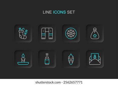 Set line Envelope, Christmas toy, Champagne bottle, Burning candle, Santa Claus bag gift, Snowflake, Winter scarf and stocking icon. Vector