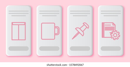 Set line Envelope, Coffee cup, Push pin and Document settings with gears. White rectangle button. Vector