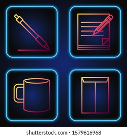 Set line Envelope, Coffee cup flat, Pen line and Blank notebook and pencil with eraser. Gradient color icons. Vector