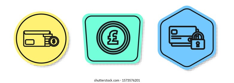 Set line Envelope with coin dollar symbol, Coin money with pound sterling symbol and Credit card with lock. Colored shapes. Vector