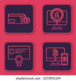 Set line Envelope with coin dollar symbol, Certificate template, Computer monitor with pound sterling symbol and Computer monitor with mobile phone and bitcoin. Blue square button. Vector